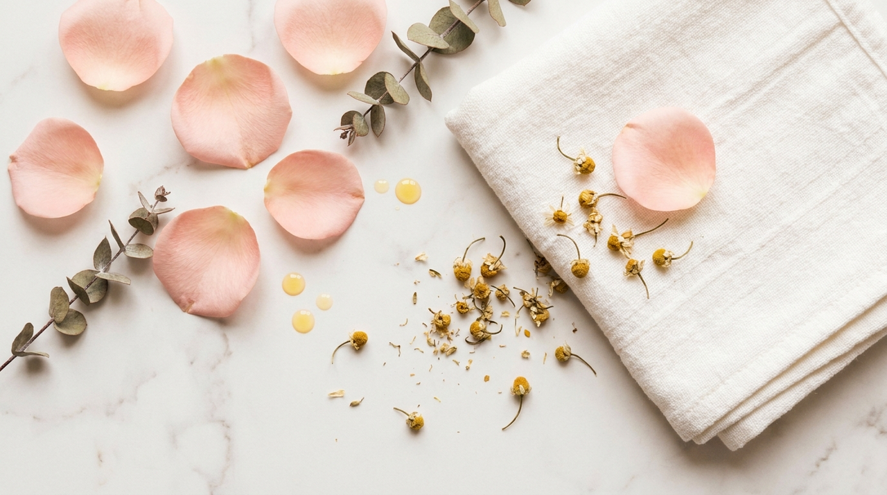 Naturkosmetik Inhaltsstoffe: Rosenblätter, Eukalyptus und Kamille auf Marmor