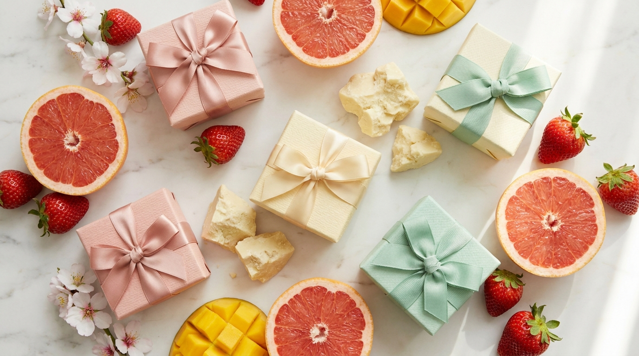 Body Shop Geschenksets mit Fruechten und Geschenkboxen