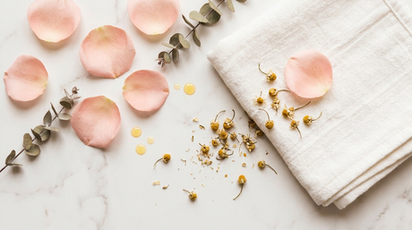 Naturkosmetik Inhaltsstoffe: Rosenblätter, Eukalyptus und Kamille auf Marmor