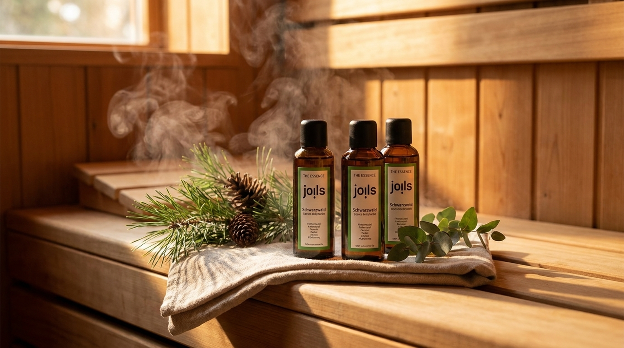 Naturreine Sauna-Aufguss Flaschen auf Holzbank mit Tannengruen und aetherischen Oelen