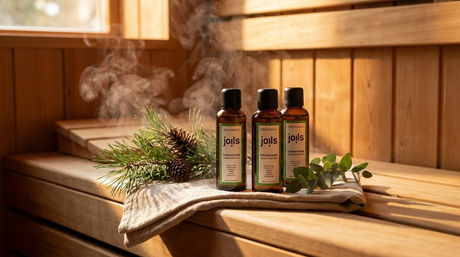 Naturreine Sauna-Aufguss Flaschen auf Holzbank mit Tannengruen und aetherischen Oelen