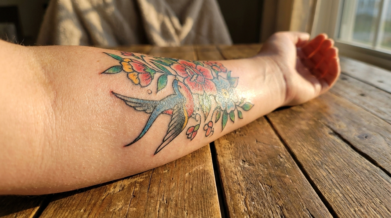 Frisch geheiltes Tattoo auf Unterarm in warmem Sonnenlicht